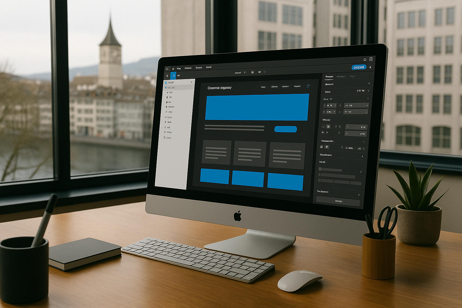 ZUERDESIGN Agentur Zeigt ein Bild eines Arbeitsplatzes mit Desktop und geöffnetem CMS. Im Hintergrund sieht man durch das Fenster die Stadt Zürich.