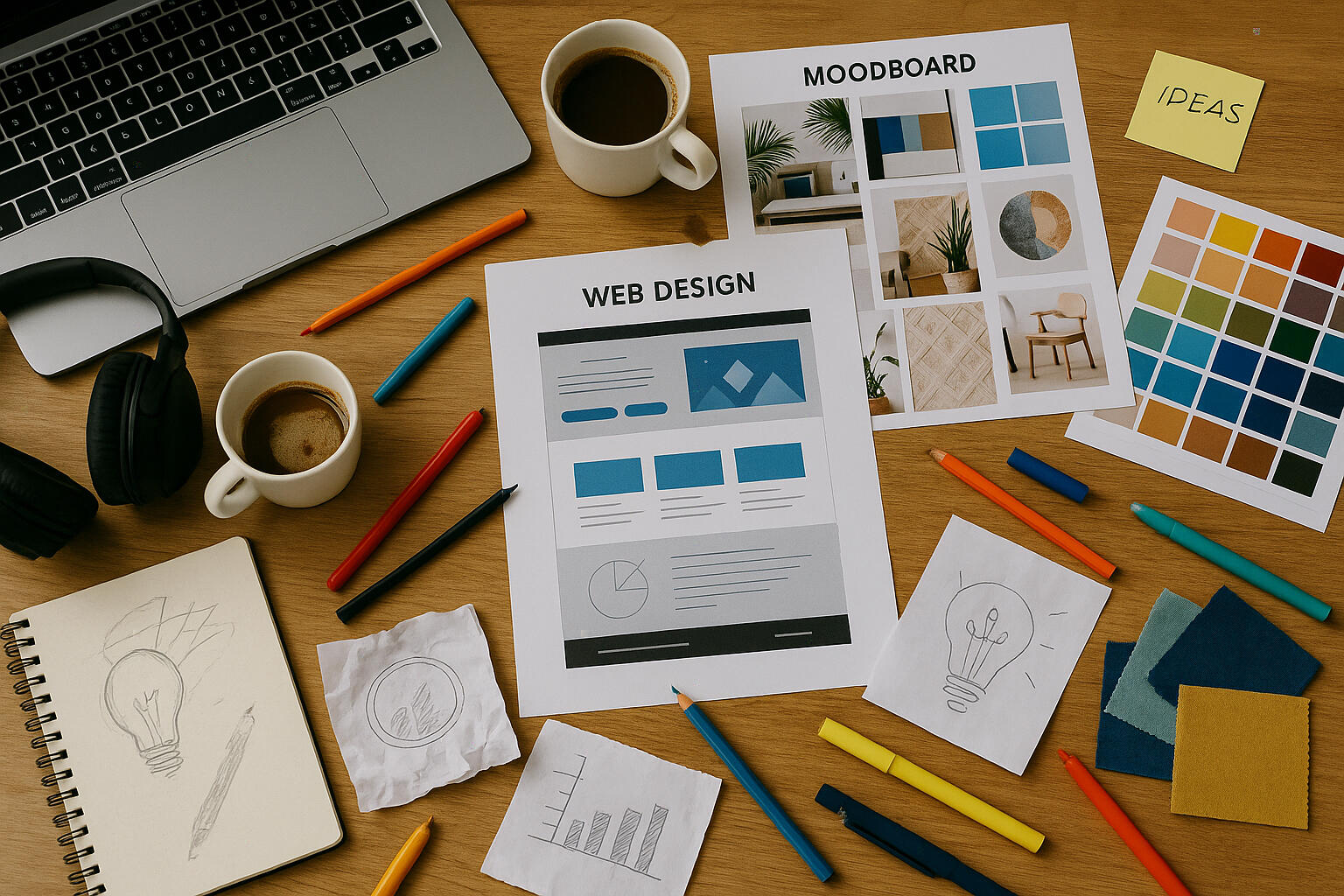 Arbeitstisch von Zueridesign Blick von oben auf einen kreativen Arbeitsplatz mit Laptop, Skizzen, Moodboards, Farbfächern, Stoffmustern, Markern und Kaffeetassen. Die Szene wirkt lebendig und zeigt den Designprozess einer Kreativagentur.